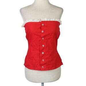Vintage red button front strapless tube top white eyelet lace trim S